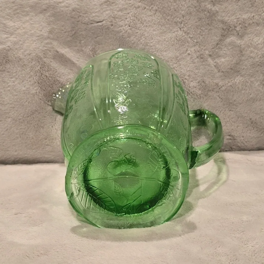 Vintage Jeannette Glass Cherry Blossom Green Depression Glass Pitcher 1930s 6.75